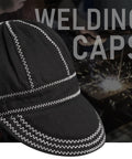 Reversible 8-Panel Welding Cap with Flame Resistant 240GSM Fabric and 100 Percent Cotton Lining shown in black color with stitching.