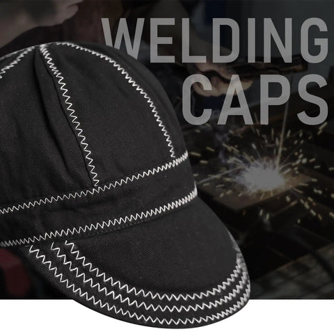 Reversible 8-Panel Welding Cap with Flame Resistant 240GSM Fabric and 100 Percent Cotton Lining shown in black color with stitching.