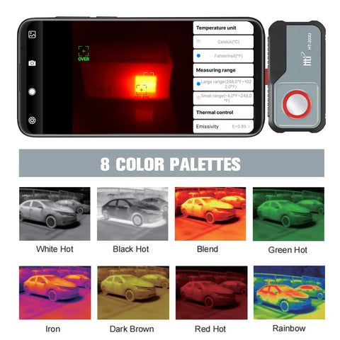 USB C Thermal Cam For Android with 512x384 super resolution, 256x192 IR sensor attached to Android device displaying thermal image.