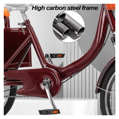 Close-up of adult tricycle rickshaw frame showing high carbon steel structure with pedals and partial chain drive.