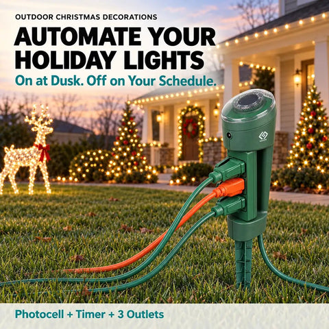 Top Tier Outdoor Power Stake With Three Grounded Outlets And 180 Degree Rotating Head crafted for lawn glow, featuring three outlets.