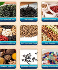 Top Drawer Automatic Powder And Granule Filling Machine With Hella Reliable Electronic Weighing System Adjustable For Flour Tea Coffee Beans And Seeds Quick Packaging, various food and product samples displayed.