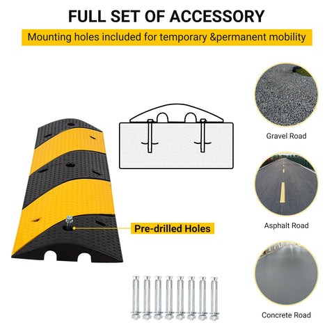 Two Pack Recycled Rubber Speed Bump Set With 25,000 Pound Capacity Durable Cable Protector Ramp For Driveways And Parking Lots Works On Concrete Asphalt And Gravel Reduces Impact Noise with mounting holes and bolts