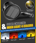 Beast Bright Handheld LED Spotlight 12000mAh Rechargeable, shown with solar panel and four color lighting options