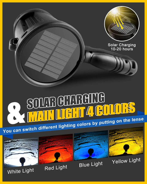 Beast Bright Handheld LED Spotlight 12000mAh Rechargeable, shown with solar panel and four color lighting options