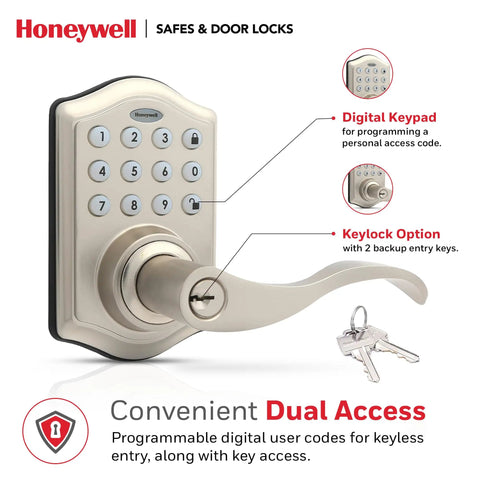 Keyless Entry Lever Door Lock With Electronic Keypad One Touch Locking For Front Door Satin Nickel Finish Easy Install 50 Pin Codes Alarm After Four Wrong Attempts Durable Home Security Solution, dual access system with digital keypad and backup keys