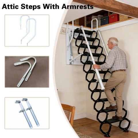 Wall Mounted Folding Loft Ladder With Armrests Retractable Attic Stairs 12 Steps Telescoping Pulldown System For Easy Attic Access White Durable Build, man using attic ladder