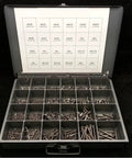 Open metal tray with Oval Head Tapping Screw Set With 18 8 Stainless Steel, 960 Piece Hardware Kit organized by size.