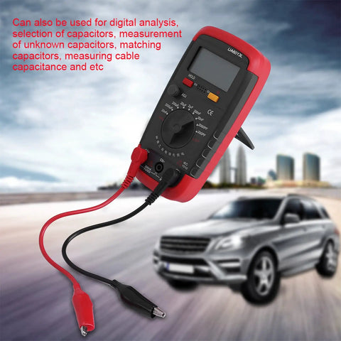 Pro Digital Capacitance Meter And Multimeter Capacitance Tester Handheld 0.1 pF To 20 000 uF With Nine Range Battery Powered And 6013L LCD Display For DIY Electronics Gear shown with test leads extended.