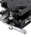 4 Axis 90mm By 90mm Manual Linear Positioning Stage With Sliding Table For Precision Inspection And Equipment Positioning Compact Lightweight Desktop Unit For Easy Standalone Use Or Desk Mounting, close-up view showing metal knobs and graduated scales.