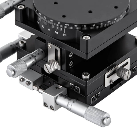 4 Axis 90mm By 90mm Manual Linear Positioning Stage With Sliding Table For Precision Inspection And Equipment Positioning Compact Lightweight Desktop Unit For Easy Standalone Use Or Desk Mounting, close-up view showing metal knobs and graduated scales.