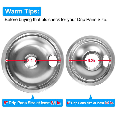 8.1-inch and 6.2-inch metal drip pans labeled for 4 Pack MP22YA Electric Range Burner Elements Set With Easy Install 6 Inch MP15YA And 8 Inch MP21YA Replacements For Hardwick Kenmore Maytag Norge Whirlpool Stoves Fits Most Electric Ranges
