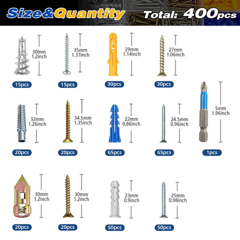 Heavy Duty Drywall Anchors Kit With Drill Bit Six Size Screw Assortment For Hanging Pictures Shelves And Mirrors Self Tapping Wall Anchors For Strong Holds 400 Piece Assortment showing various screw sizes and colors.