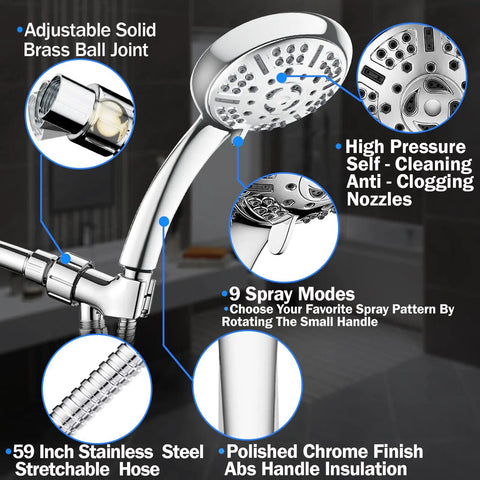 High-Pressure 9-Function Handheld Showerhead Kit with 59-Inch Hose, adjustable bracket, self-cleaning nozzles, and brass ball joint.