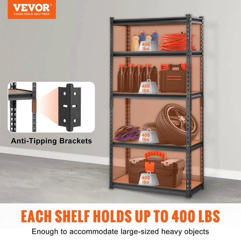 5 Tier Adjustable Storage Shelves Heavy Duty Garage Rack, 2000 Lbs Total Capacity, 30x12x60 Inch Steel Shelving Unit For Tools, Parts, And Gear, Durable Industrial Grade Boss Level Organization, anti-tipping brackets shown