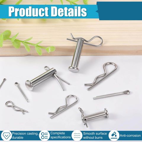 132 Piece Clevis Pin And Cotter Pin Assortment Kit In 304 Stainless Steel, 15 Sizes, shown on a wooden surface