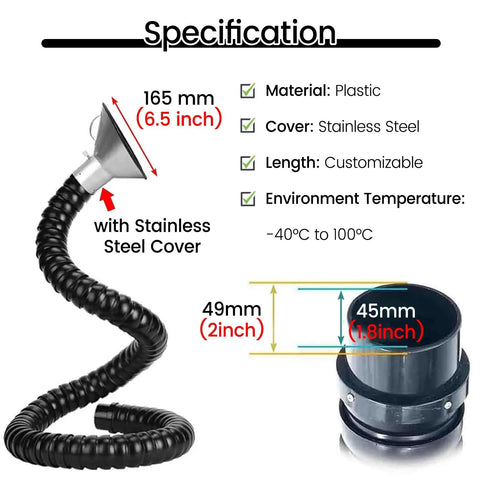 360 Degree Flexible Dust Collection Hose For Smoking Extraction 1.8 Inch Plastic Insulated Fume Pipe with stainless steel cover.