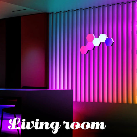 Remote Control Hexagon Wall Light Kit Smart Wall Mounted Touch Sensitive Geometric Modular RGB LED Panels illuminated on wall