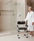 Shower Chair For Elderly And Disability Bath Safety That Feels Comfy Height Adjustable Non Slip Tips Removable Armrests Black Seat