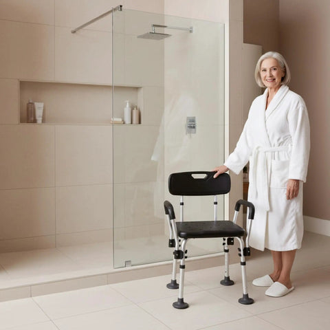 Shower Chair For Elderly And Disability Bath Safety That Feels Comfy Height Adjustable Non Slip Tips Removable Armrests Black Seat