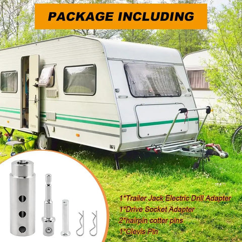 Slick Heavy Duty Trailer Jack Drill Adapter With One Inch Drive Shaft Drop In Cordless Crank Tool Half Inch Socket And Clevis Pin Kit For RV And Dump Trailers with components next to a parked RV.