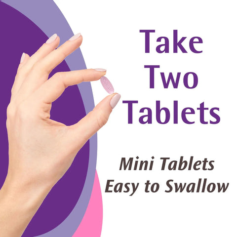 Hand holding Minis 600 Plus D3 Calcium And Mineral Supplement Tablets with Vitamin D for Bone Health and Strong Bones for Adults.