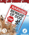 WARNING BEWARE OF DOG sign in red and white, with stop symbol, dust and water splashes, highlighting dustproof and waterproof features.