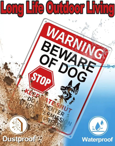 Warning Beware of Dog sign with rust and water splashes, showcasing dustproof and waterproof durability for outdoor use.