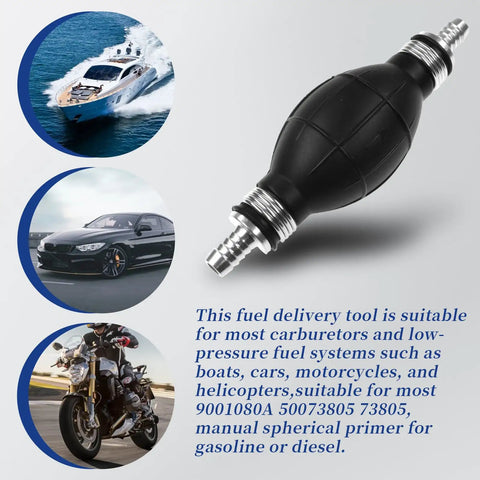 All Purpose Universal Fuel Primer Bulb And Rubber Fuel Line, 10mm Inlet And Outlet, Fits Car, Boat, Marine And Motorcycle Carburetors, Low Pressure Fuel Systems, Three Eighths Inch Connections, Model 9001080A