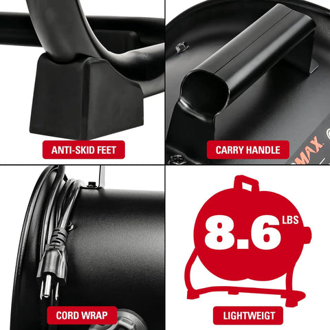 10 Inch Drum Fan With 900 CFM, 3 Speed Industrial Floor Fan, showing anti-skid feet, carry handle, cord wrap, lightweight label