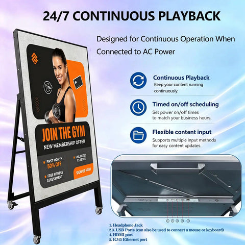 43 Inch Indoor Digital Signage Display Portable Lcd Menu Board with fitness promotion and AC power features.