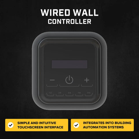 Wired wall controller for ShopFan 14 Ft HVLS Industrial Ceiling Fan featuring a touchscreen interface and integration options.