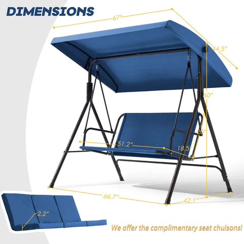 Three Seat Patio Swing With Removable Cushions And Adjustable Weather Resistant Canopy For Backyard Porch And Garden In Blue Fabric Seat