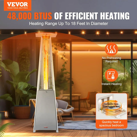 Pyramid Propane Patio Heater With Wheels 48000 BTU Outdoor Heater With Quartz Glass Tube in a modern backyard setting