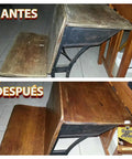 Before and after image of a wood desk restored with Restor-A-Finish Wood Refinisher 16 Oz Dark Walnut That Penetrates Finishes, Restores Color And Hides Scratches And Dings On Furniture, Cabinets And Floors, Available In Nine Colors