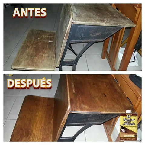 Easy Peasy Wipe On Wood Finish Restorer In Golden Oak No Sweat Application For Furniture And Cabinets Top Shelf Quick Fix Formula 16 Ounce Bottle before and after on wooden desk.