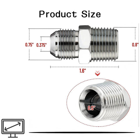 Three Pack Hydraulic Hose Adapter Fittings One Half Inch JIC 37 Degree Male To One Half Inch NPT Male Straight Fittings With Protective Caps Heavy Duty Carbon Steel For High Pressure And Corrosion Resistance size diagram, 1/2 inch threads