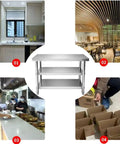 Beefy Stainless Steel Workbench With Three Tier Open Shelving And No Fuss Leveling Feet Built Tough Kitchen Prep Table Or Packing Station For Real Garage Workshop Days in busy kitchen setting.