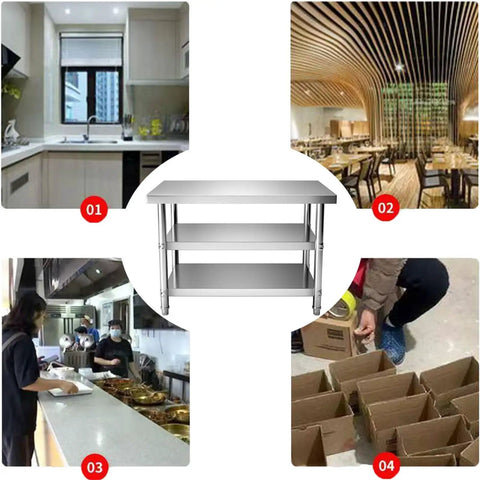 Beefy Stainless Steel Workbench With Three Tier Open Shelving And No Fuss Leveling Feet Built Tough Kitchen Prep Table Or Packing Station For Real Garage Workshop Days in busy kitchen setting.
