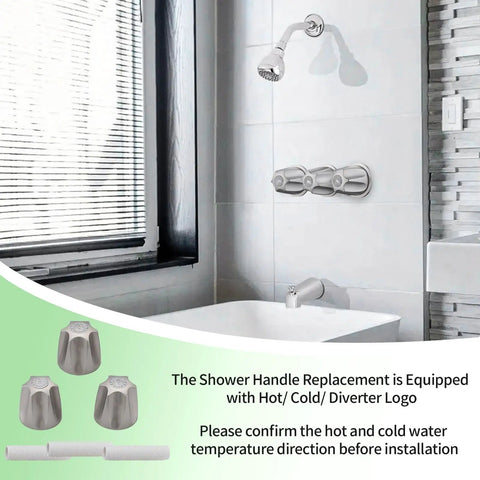 Three Piece Tub And Shower Handle Remodel Kit With Stem Set And Flange in Brushed Nickel installed on white tiled wall