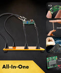 Four Magnetic Gooseneck Arms Soldering Station On A Sturdy Steel Base Workbench For Precision Soldering Jewelry Making Electronics Repair And Hobby Projects, showcasing four flexible arms holding a circuit board on a steel base.