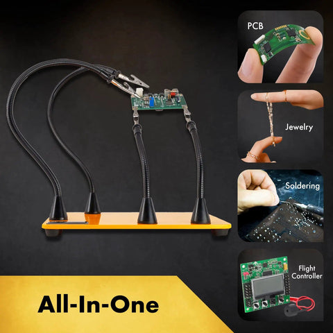 Four Magnetic Gooseneck Arms Soldering Station On A Sturdy Steel Base Workbench For Precision Soldering Jewelry Making Electronics Repair And Hobby Projects, showcasing four flexible arms holding a circuit board on a steel base.