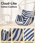 Large Indoor Outdoor Hammock Chair Swing With Anti Slip Steel Spread Bar Heavy Duty Carbon Steel Frame Holds Up To 500 Lbs Includes Two Cushions Ideal For Bedroom Patio Porch Balcony Backyard Relaxation with blue and white striped design showing built-in pocket and cushion details