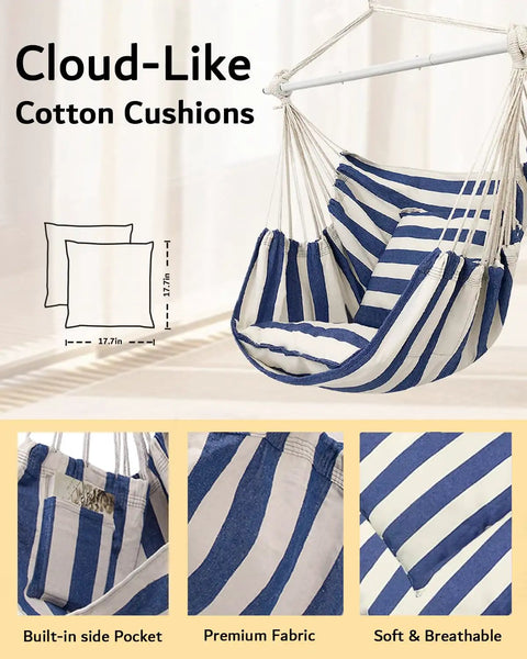 Large Indoor Outdoor Hammock Chair Swing With Anti Slip Steel Spread Bar Heavy Duty Carbon Steel Frame Holds Up To 500 Lbs Includes Two Cushions Ideal For Bedroom Patio Porch Balcony Backyard Relaxation with blue and white striped design showing built-in pocket and cushion details