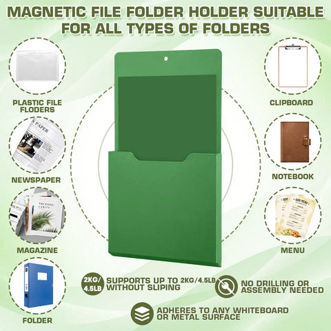 8 Pack Extra Large Magnetic File Holders For Fridge And Wall Organizer 15.7 X 9.1 X 1 Inches Green Set with folders