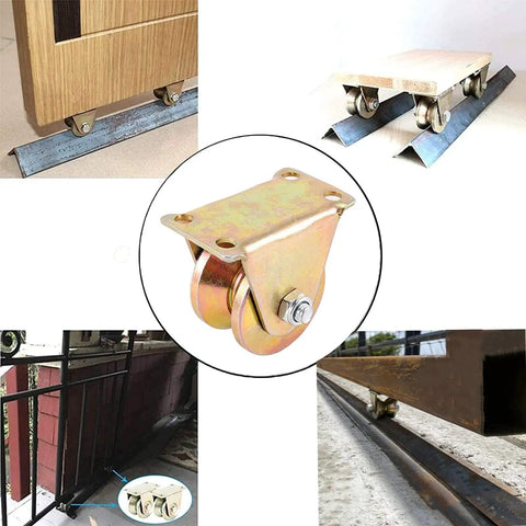 4 Pack 2 Inch V Groove Wheel With Bracket Heavy Duty Sliding Gate Wheel For Barn Doors Industrial Carts And Wire Rope Rail Supports Up To 2500 Lbs Total Load Capacity showcased in various gate and rail applications.
