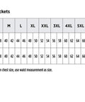 Size chart for men's jackets from XS to 8XL, including measurements for chest size and chest max in inches.