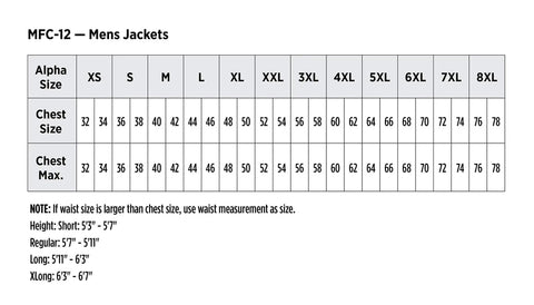 Size chart for men's jackets from XS to 8XL, including measurements for chest size and chest max in inches.