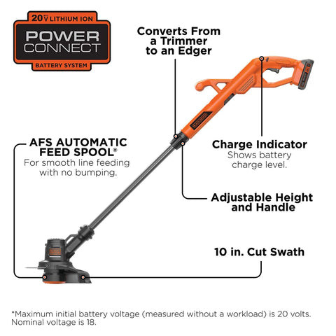 Cordless 20V Max String Trimmer And Edger With 10 Inch Cutting Width Automatic Feed Spool For No Fuss Lines Ergonomic Lightweight Design Battery And Charger Included Easily Switch From Trimming To Edging