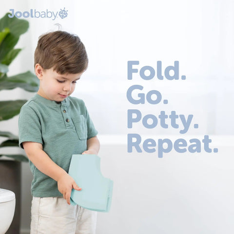 No Sweat Folding Travel Potty Training Seat For Little Ones With Super Simple Pull Tab And Compact Foldaway Design Seriously Rock Solid For Highway Rest Stops Museum Bathrooms And Weekend Getaways In Aqua held by a child.